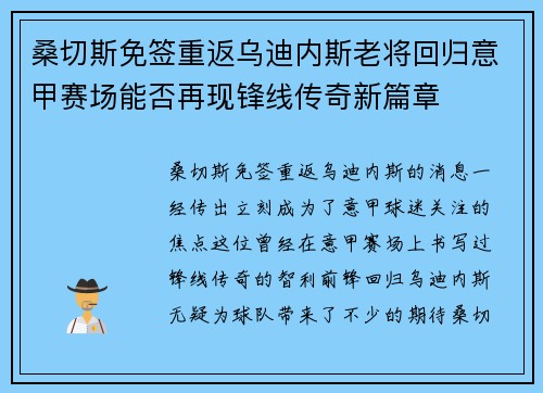 桑切斯免签重返乌迪内斯老将回归意甲赛场能否再现锋线传奇新篇章